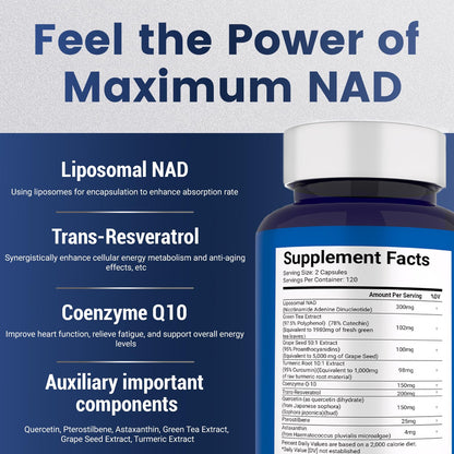 NAD+ Supplement 8,809mg with Liposomal NAD and Resveratrol for Women & Men - 120 Capsules to Support Cellular Health, Boost Stamina & Healthy Aging, Vegan & Gluten-Free - Maple Wellness Supplements