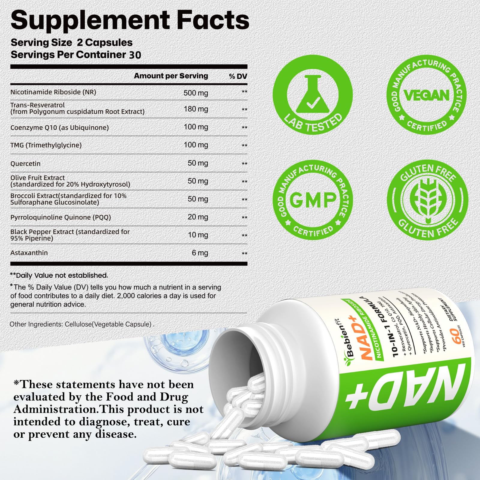 Nad Supplement for Healthy Aging | Energy| Antioxidant| Skin Health| Focus ,10-in-1 Formula with NR,Trans-Resveratrol,CoQ10,Astaxanthin,PQQ,TMG,Quercetin,Olive Fruit Nad+ for Women Men,60 Vegan Caps - Maple Wellness Supplements