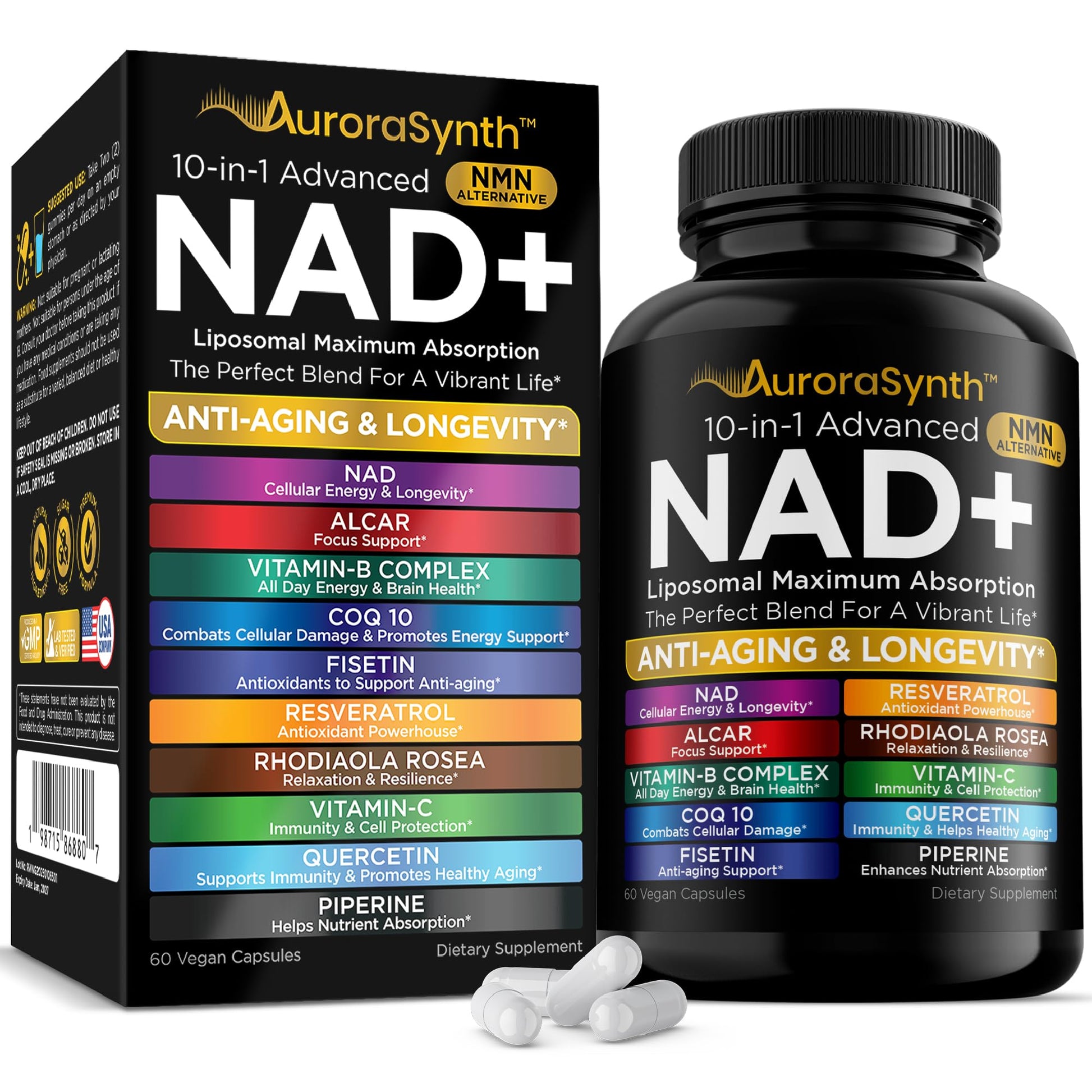 NAD+ Supplement Liposomal Capsules - Max Absorption for Cellular Energy, Healthy Aging, Brain Function & DNA Health - Vegan, Non-GMO, Gluten-Free Supplement - 60 Capsules - Supports NAD Levels - Maple Wellness Supplements