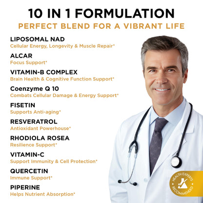 NAD+ Supplement Liposomal Capsules - Max Absorption for Cellular Energy, Healthy Aging, Brain Function & DNA Health - Vegan, Non-GMO, Gluten-Free Supplement - 60 Capsules - Supports NAD Levels - Maple Wellness Supplements
