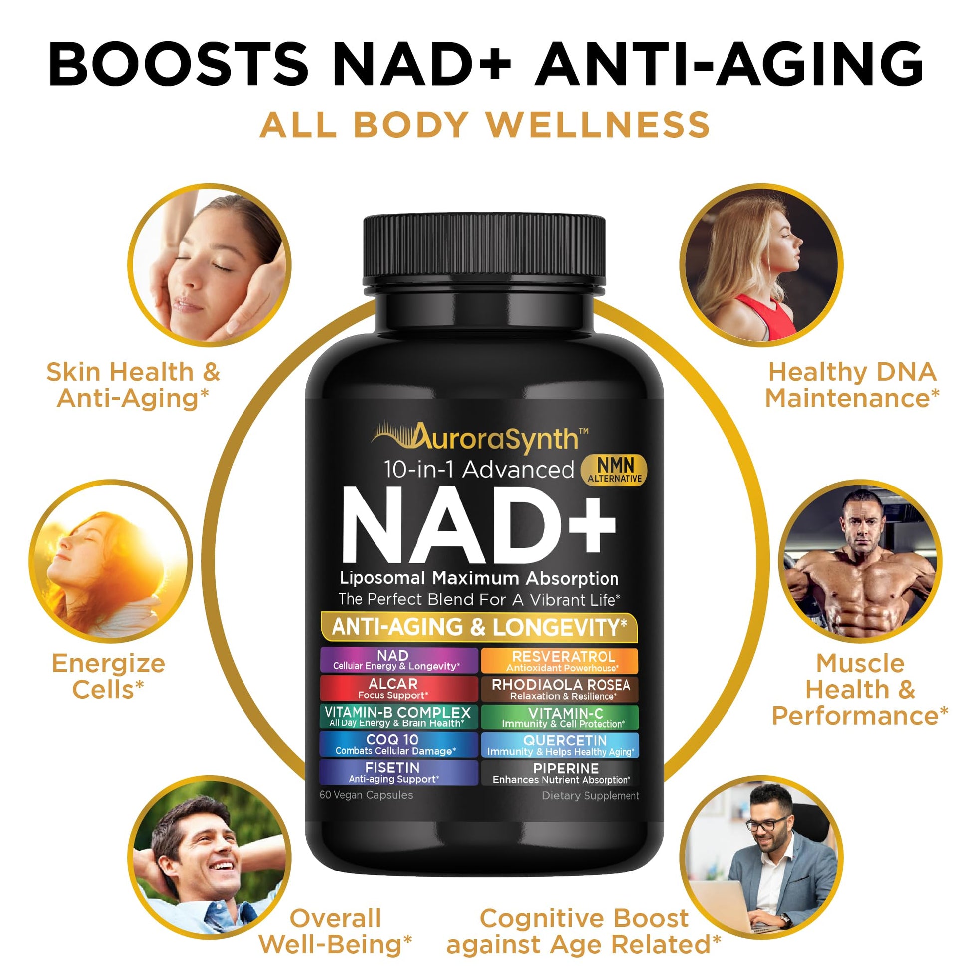 NAD+ Supplement Liposomal Capsules - Max Absorption for Cellular Energy, Healthy Aging, Brain Function & DNA Health - Vegan, Non-GMO, Gluten-Free Supplement - 60 Capsules - Supports NAD Levels - Maple Wellness Supplements