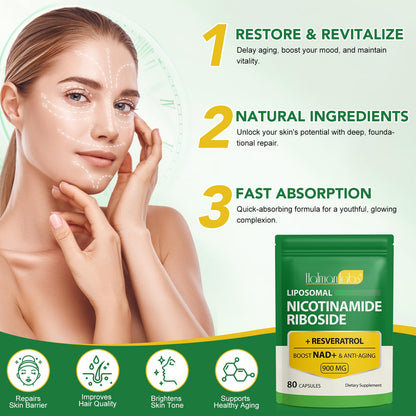 NAD Supplement - Liposomal Nicotinamide Riboside 900mg, Resveratrol, Quercetin - High Purity NAD Supplement for Energy, Support Cellular Health, Stamina & Healthy Aging - Ultra Strength 80 Capsules - Maple Wellness Supplements