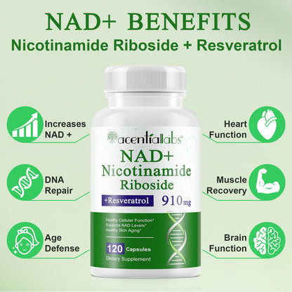 NAD Supplement, Nicotinamide Riboside, NAD 910MG Liposomal Supplements for Women & Men, NAD+ Supplement for Anti Aging and Cell Regeneration -120 Capsules - Maple Wellness Supplements