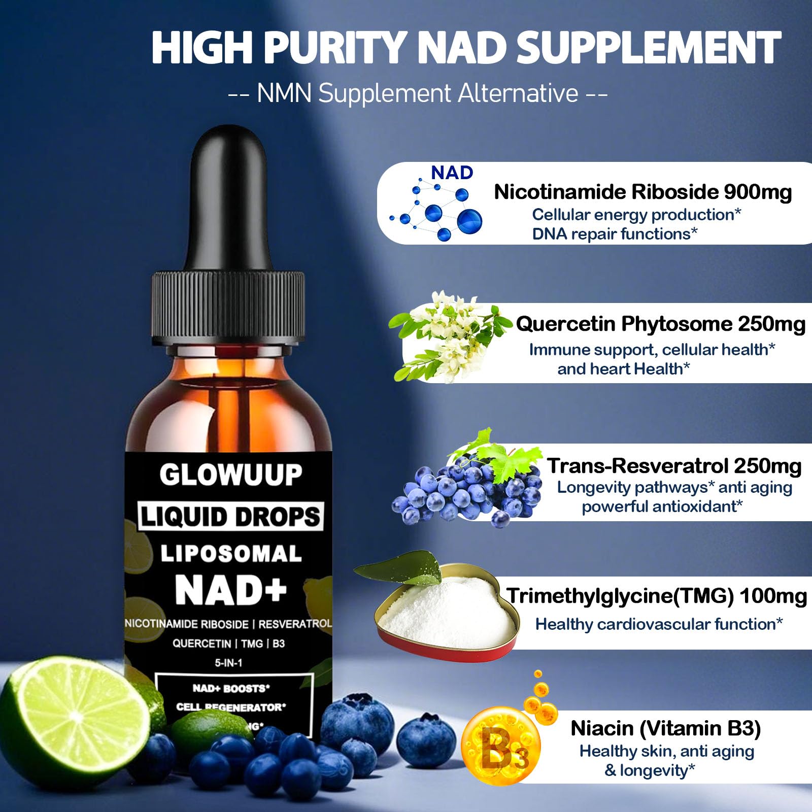 NAD Supplements for Women & Men, Liposomal NAD Nicotinamide Riboside Resveratrol 900mg w. B3 Vitamin Quercetin TMG, Liquid Resveratrol NAD Plus Supplement for Anti-Aging Energy Focus Longevity - Maple Wellness Supplements