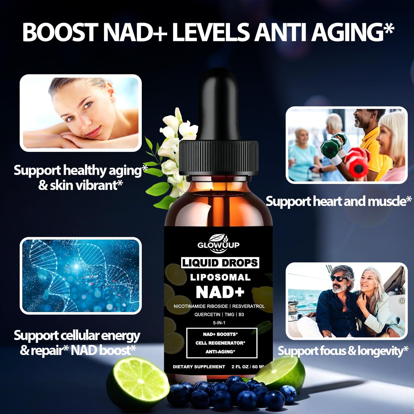 NAD Supplements for Women & Men, Liposomal NAD Nicotinamide Riboside Resveratrol 900mg w. B3 Vitamin Quercetin TMG, Liquid Resveratrol NAD Plus Supplement for Anti-Aging Energy Focus Longevity - Maple Wellness Supplements