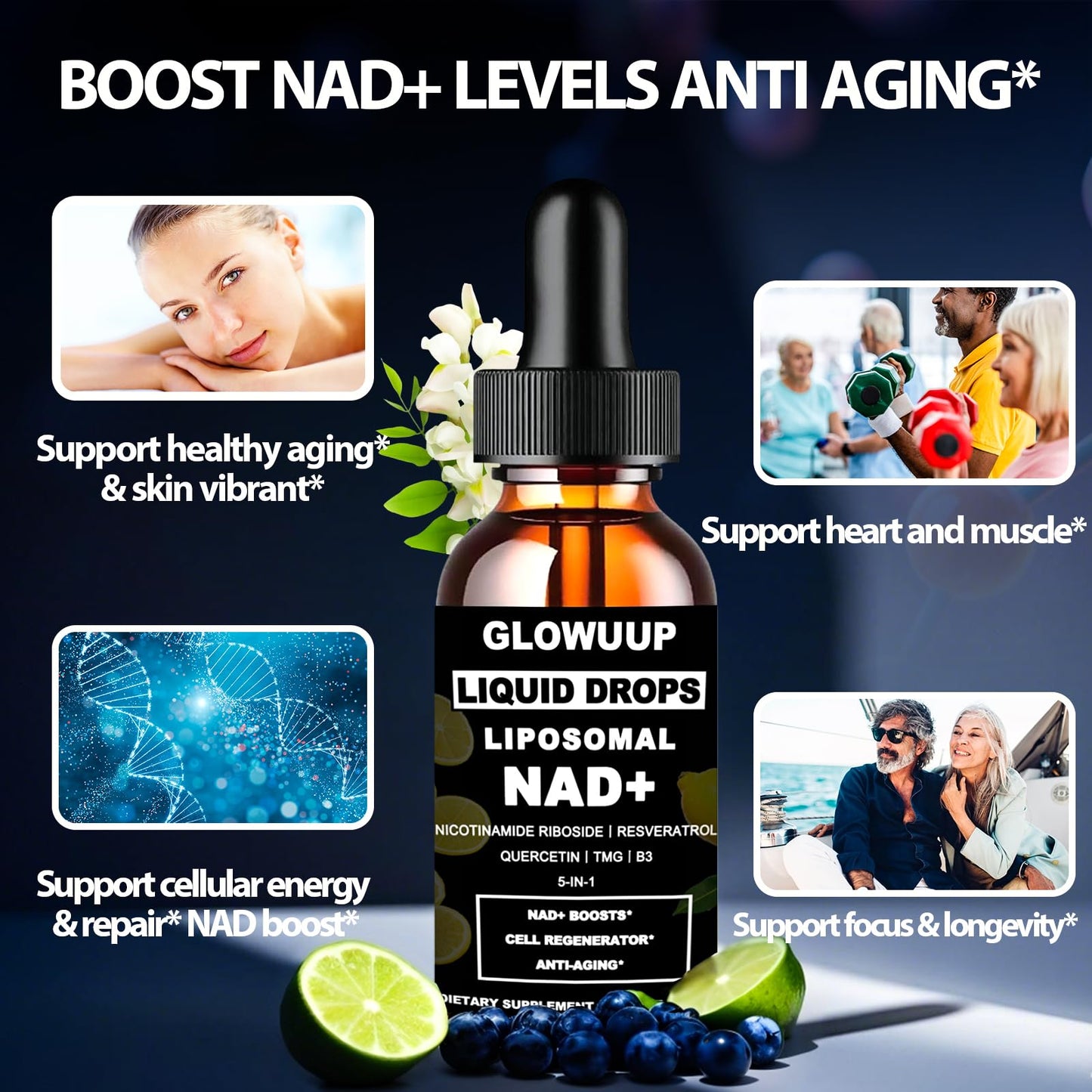 NAD Supplements for Women & Men, Liposomal NAD Nicotinamide Riboside Resveratrol 900mg w. B3 Vitamin Quercetin TMG, Liquid Resveratrol NAD Plus Supplement for Anti-Aging Energy Focus Longevity - Maple Wellness Supplements