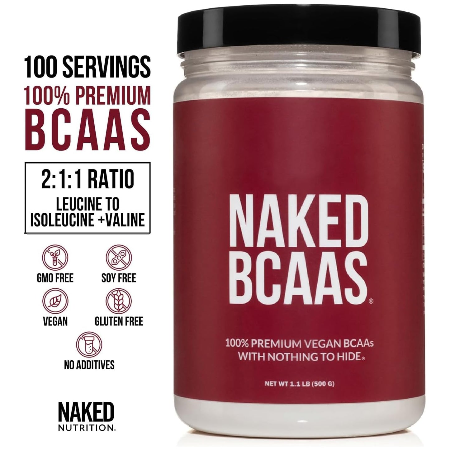 NAKED BCAAs Amino Acids Powder, Only 1 Ingredient, Pure 2:1:1 Formula, Vegan Unflavored Branched Chain Amino Acids, Instantized All Natural BCAA Supplement - 500 Grams, 100 Servings - Maple Wellness Supplements