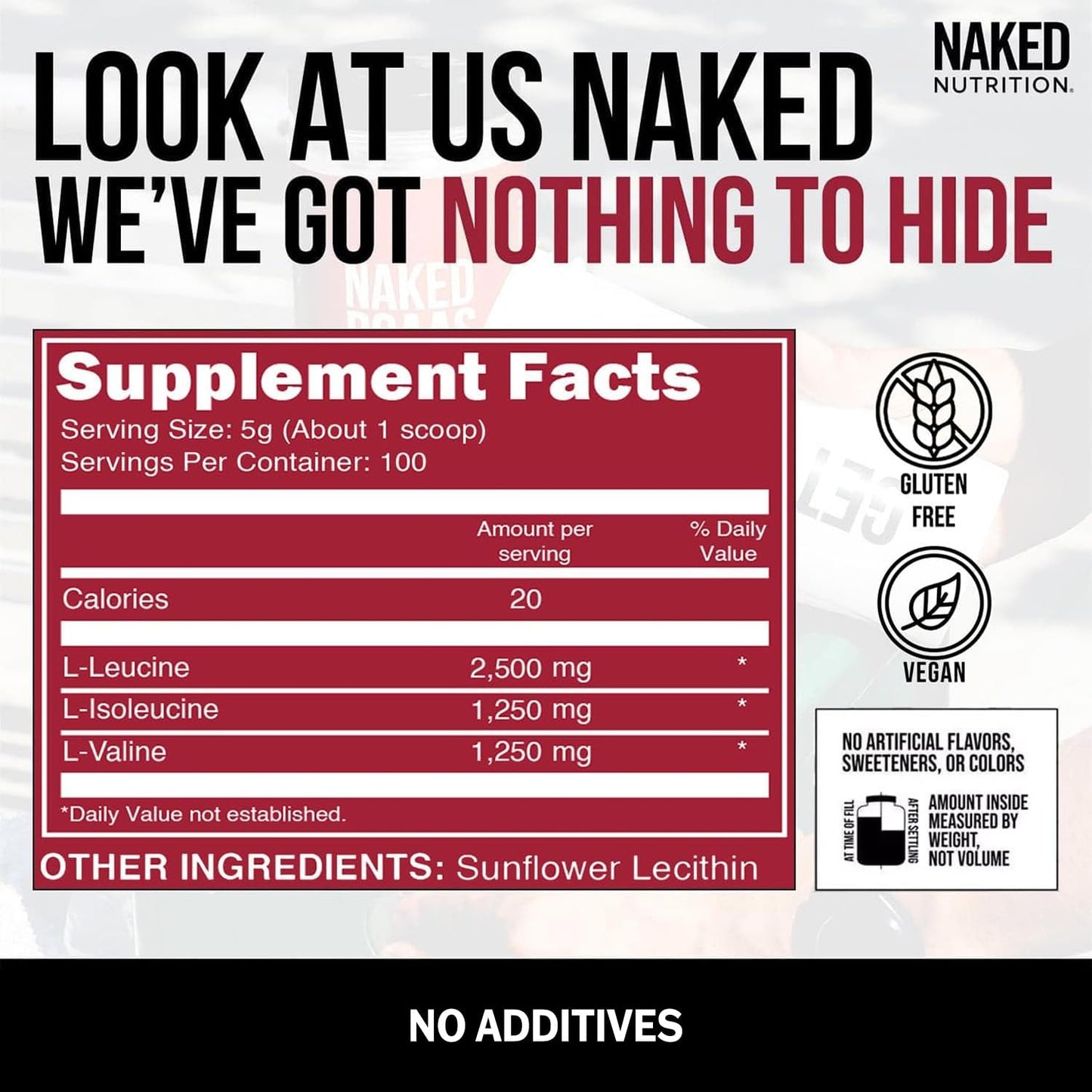 NAKED BCAAs Amino Acids Powder, Only 1 Ingredient, Pure 2:1:1 Formula, Vegan Unflavored Branched Chain Amino Acids, Instantized All Natural BCAA Supplement - 500 Grams, 100 Servings - Maple Wellness Supplements