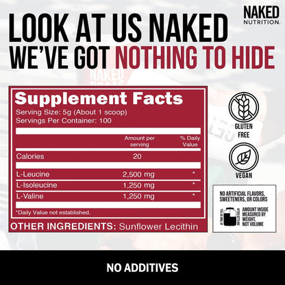 NAKED BCAAs Amino Acids Powder, Only 1 Ingredient, Pure 2:1:1 Formula, Vegan Unflavored Branched Chain Amino Acids, Instantized All Natural BCAA Supplement - 500 Grams, 100 Servings - Maple Wellness Supplements