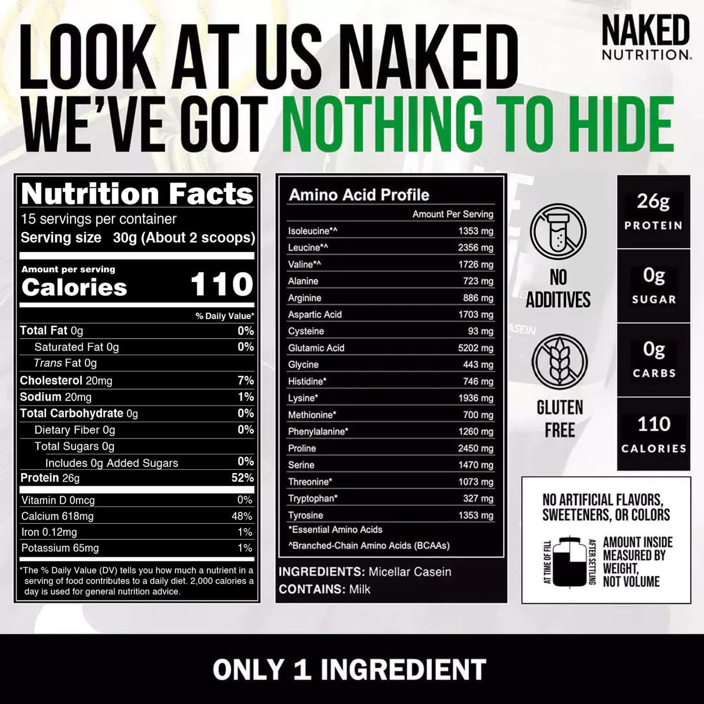 NAKED Casein - 1Lb Micellar Casein Protein - Bulk, Zero Carb, NSF Certified, GMO-Free, Gluten Free, Soy Free, Preservative Free - Stimulate Muscle Growth - Maple Wellness Supplements