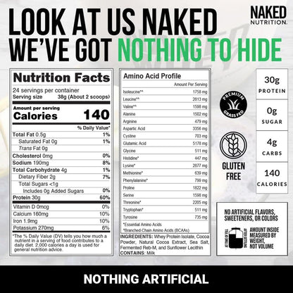 NAKED Chocolate Whey Isolate Protein - Only 6 Ingredients, 30g Grass-Fed Protein, Undenatured, No GMO, No Soy, Gluten-Free, No Preservatives - 24 Servings - Maple Wellness Supplements