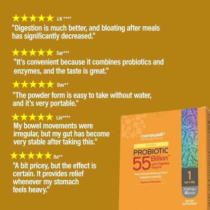 NANOWELL 12 Strains Probiotic 55 Billion CFU with Digestive Enzymes Powder - Immune Support, Gut Health, Probiotics, Prebiotics & Postbiotics - 60 Sticks, 60 Day Supply - Maple Wellness Supplements