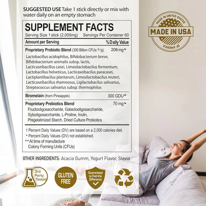 NANOWELL 12 Strains Probiotic 55 Billion CFU with Digestive Enzymes Powder - Immune Support, Gut Health, Probiotics, Prebiotics & Postbiotics - 60 Sticks, 60 Day Supply - Maple Wellness Supplements
