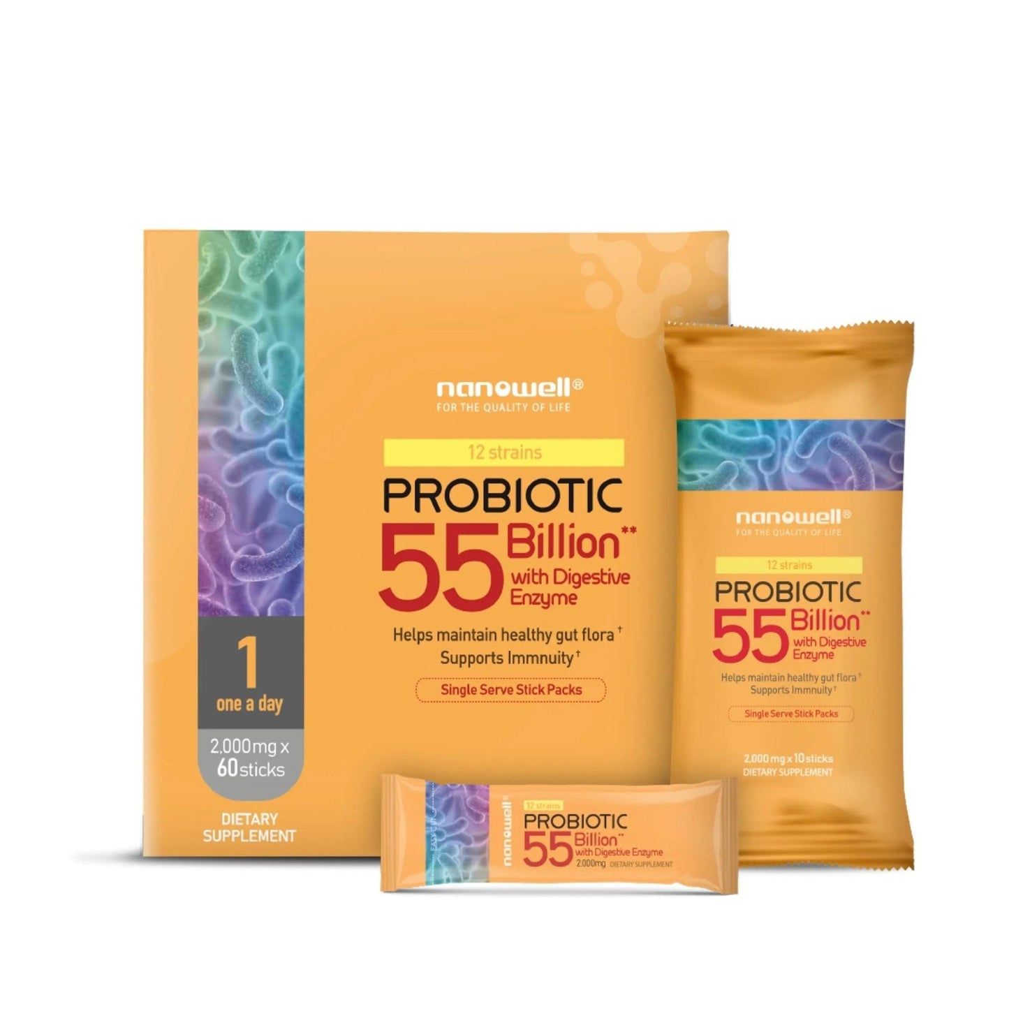 NANOWELL 12 Strains Probiotic 55 Billion CFU with Digestive Enzymes Powder - Immune Support, Gut Health, Probiotics, Prebiotics & Postbiotics - 60 Sticks, 60 Day Supply - Maple Wellness Supplements