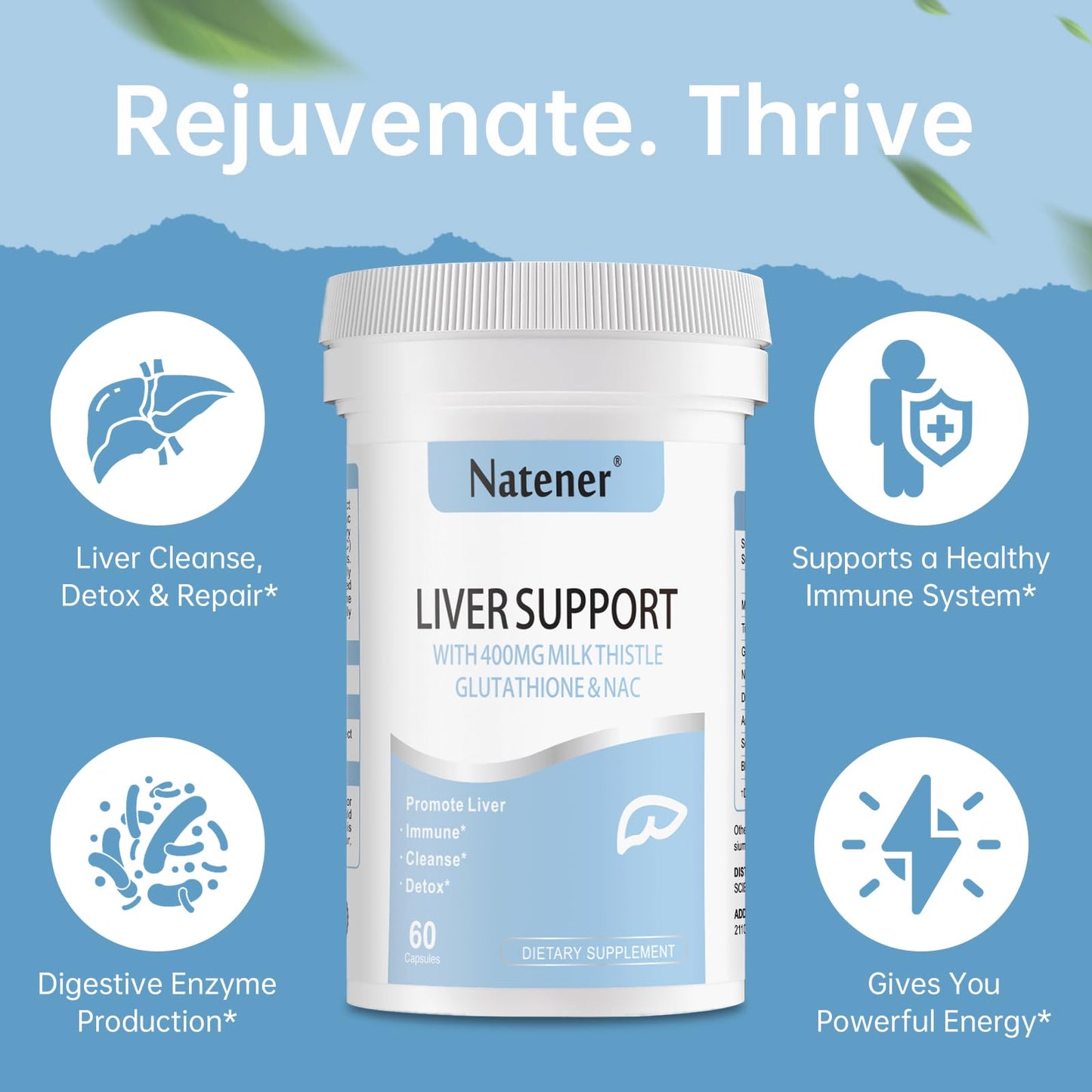 Natener Liver Support with 200mg Milk Thistle, 100mg Glutathione, 100mg NAC, 150mg Tumeric, Dandelion, Artichoke, Liver Cleanse Detox & Repair, Supports Energy*, Immunity & Liver Health*, 60 caps - Maple Wellness Supplements