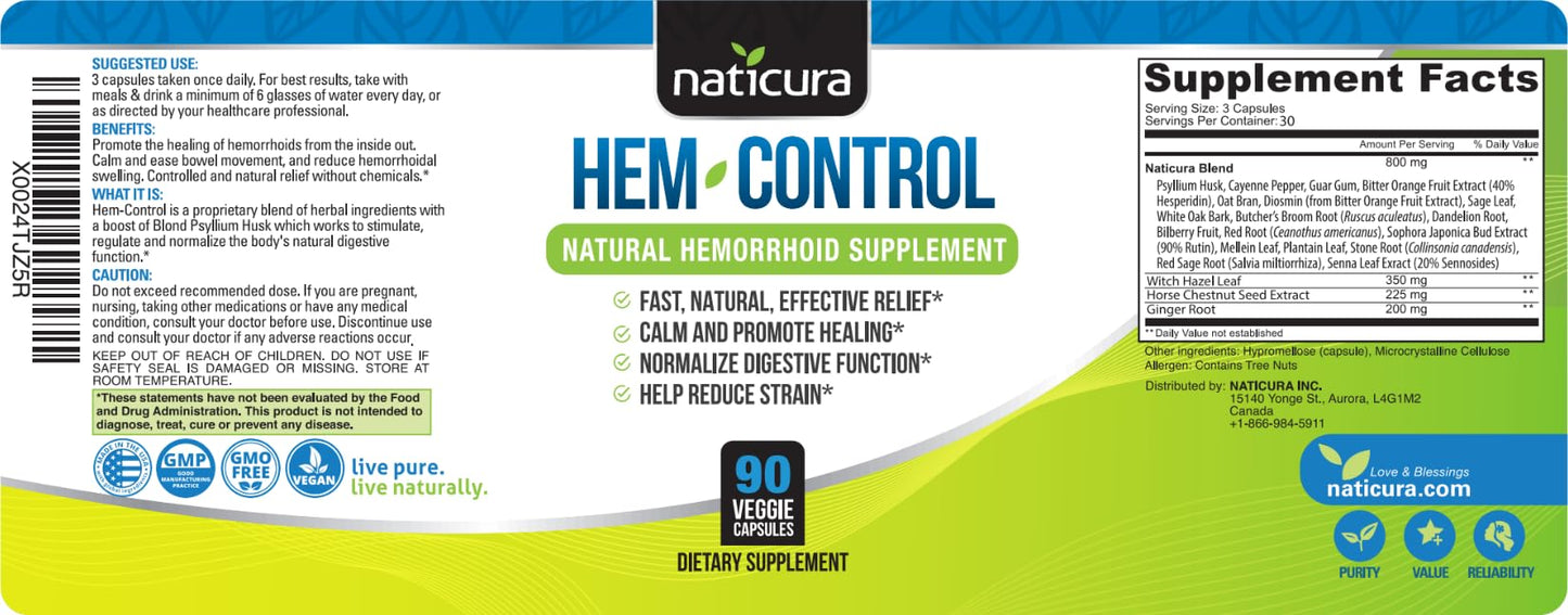 Naticura Bundle - Hem-Control Vegan Digestive Support Supplement (180 Count) and Alleviate Natural Hemorrhoid Relief Cream for Burning, Itching and Swelling (1.7 oz) Plus 2 Travel-Size Tubes - Maple Wellness Supplements