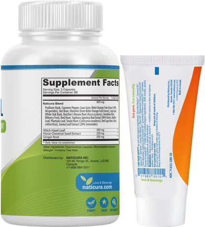Naticura Bundle - Hem-Control Vegan Digestive Support Supplement (180 Count) and Alleviate Natural Hemorrhoid Relief Cream for Burning, Itching and Swelling (1.7 oz) Plus 2 Travel-Size Tubes - Maple Wellness Supplements