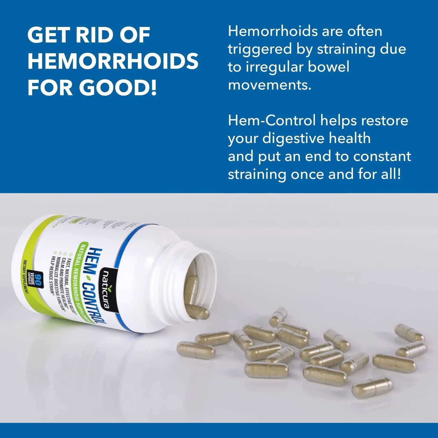 Naticura Hem-Control - Fast Effective Hemorrhoid Treatment Supplement - Powerful Formula to Promote Symptom Relief, Shrinking of Hemorrhoids, Ease Discomfort - 90 Vegan Capsules - Made in USA - Maple Wellness Supplements