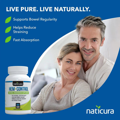 Naticura Hem-Control - Fast Effective Hemorrhoid Treatment Supplement - Powerful Formula to Promote Symptom Relief, Shrinking of Hemorrhoids, Ease Discomfort - 90 Vegan Capsules - Made in USA - Maple Wellness Supplements