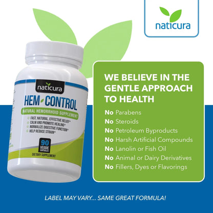 Naticura Hem-Control - Fast Effective Hemorrhoid Treatment Supplement - Powerful Formula to Promote Symptom Relief, Shrinking of Hemorrhoids, Ease Discomfort - 90 Vegan Capsules - Made in USA - Maple Wellness Supplements