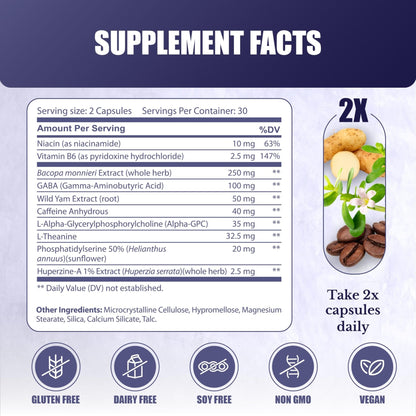 NATION HEALTH MD Cognilux - Brain Supplements for Memory and Focus - Nootropic Focus Supplement with Niacin, Vitamin B6, GABA and More - Memory Supplement for Brain, Brain Health - Maple Wellness Supplements