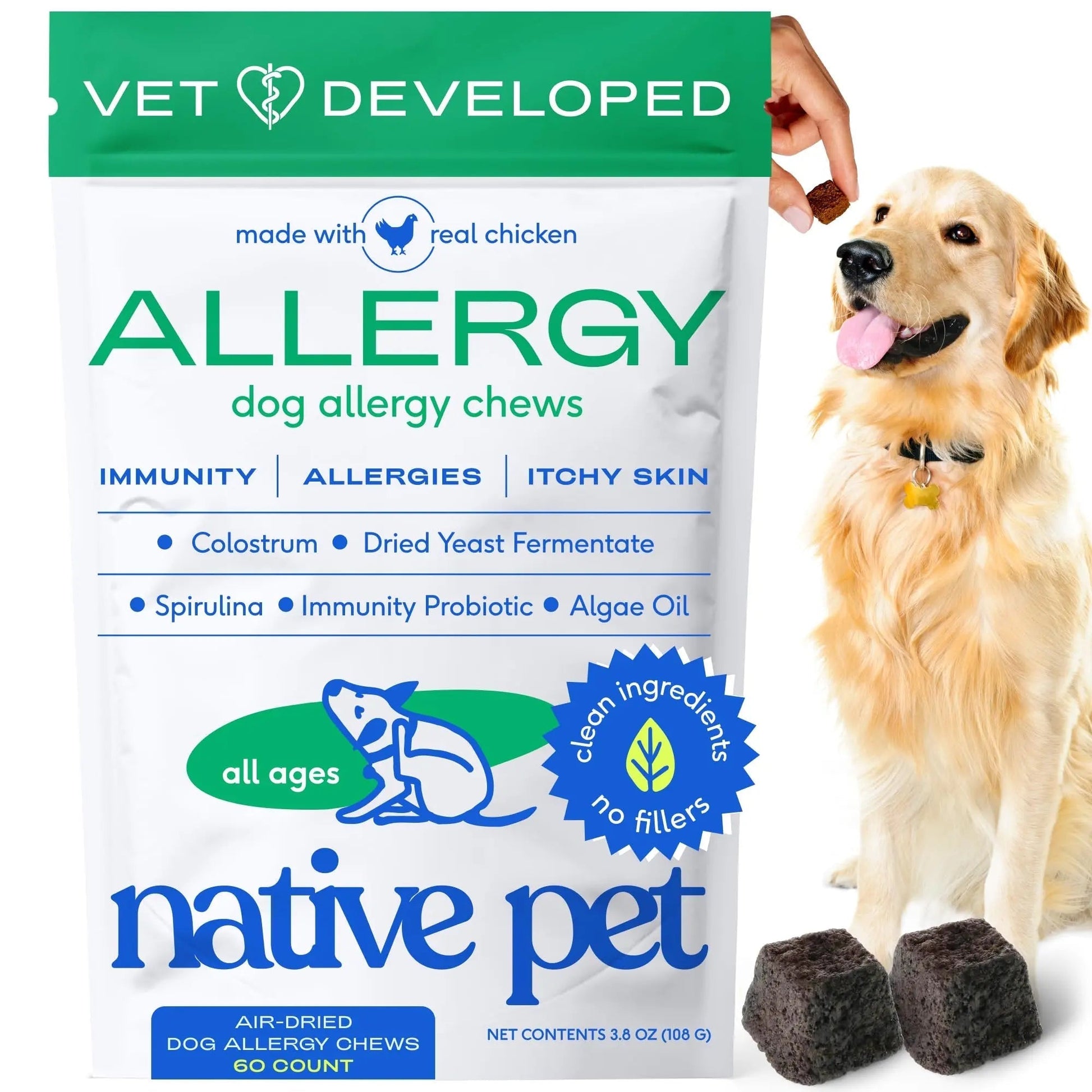 Native Pet Dog Allergy Chews - Dog Allergy Relief for Medium Breeds - Supports Seasonal Itch Relief, Healthy Immune Function & Reduces Sneezing - Colostrum, Spirulina, & Probiotics - 30 Days Supply - Maple Wellness Supplements