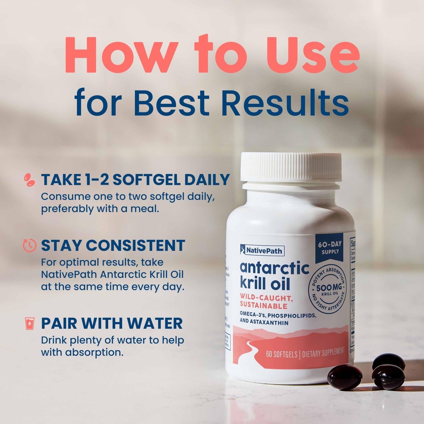 NativePath Antarctic Krill Oil - Wild-Caught Omega 3 Krill Oil 500mg Softgels with EPA, DHA and Astaxanthin - Supplement for Joint, Hear - Maple Wellness Supplements