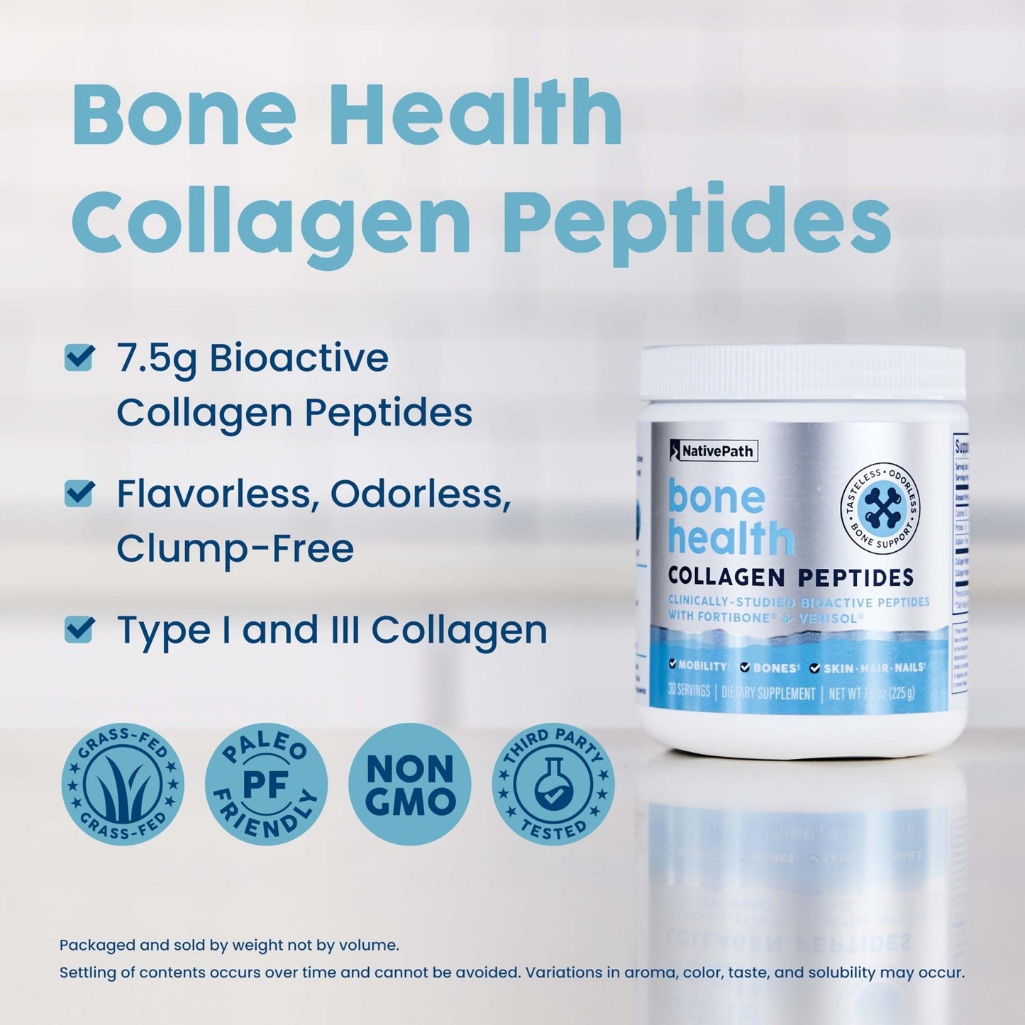 NativePath Bone Health Collagen Peptides, Type 1 & 3, with Fortibone and Verisol, 7.9 Ounce, 30 Servings - Maple Wellness Supplements