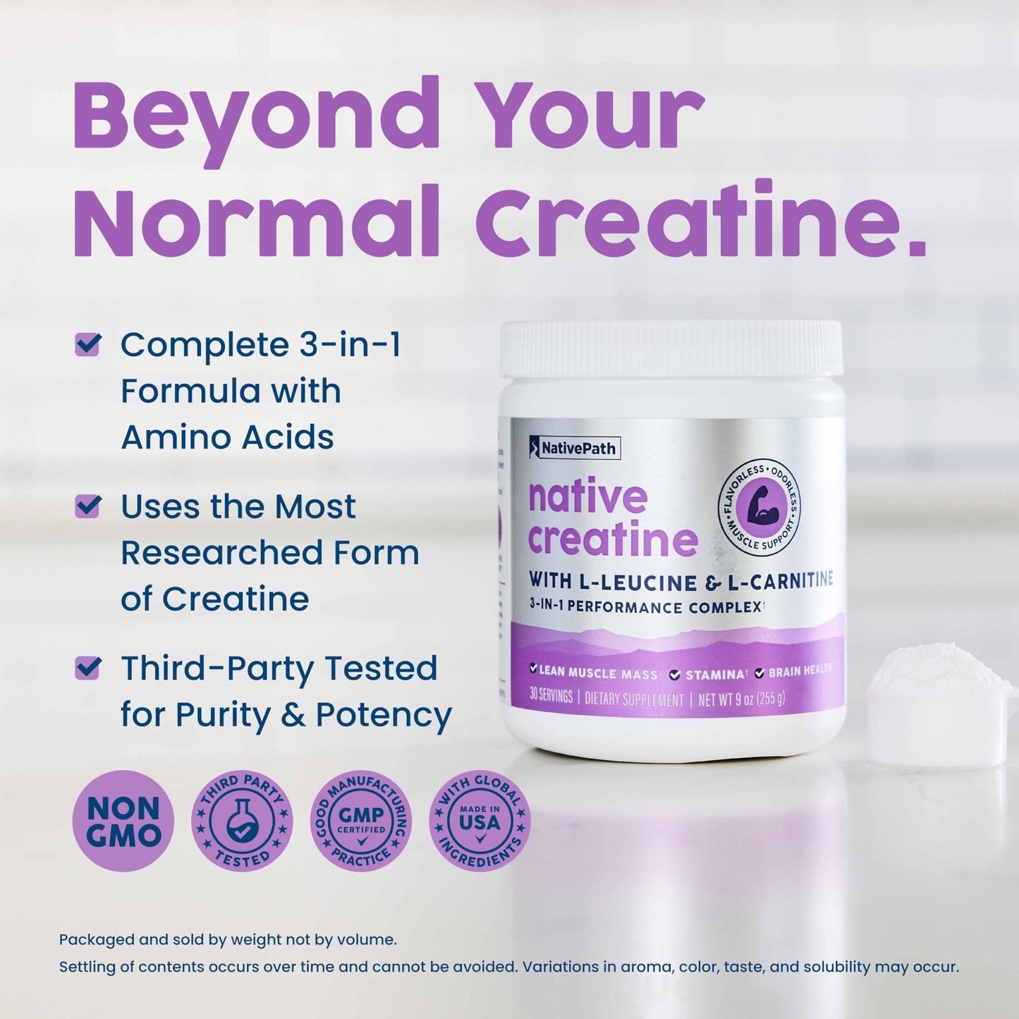 NativePath Creatine Monohydrate Powder with L-Leucine & L-Carnitine - Supports Muscle Health for Men & Women - 30 Servings - Maple Wellness Supplements