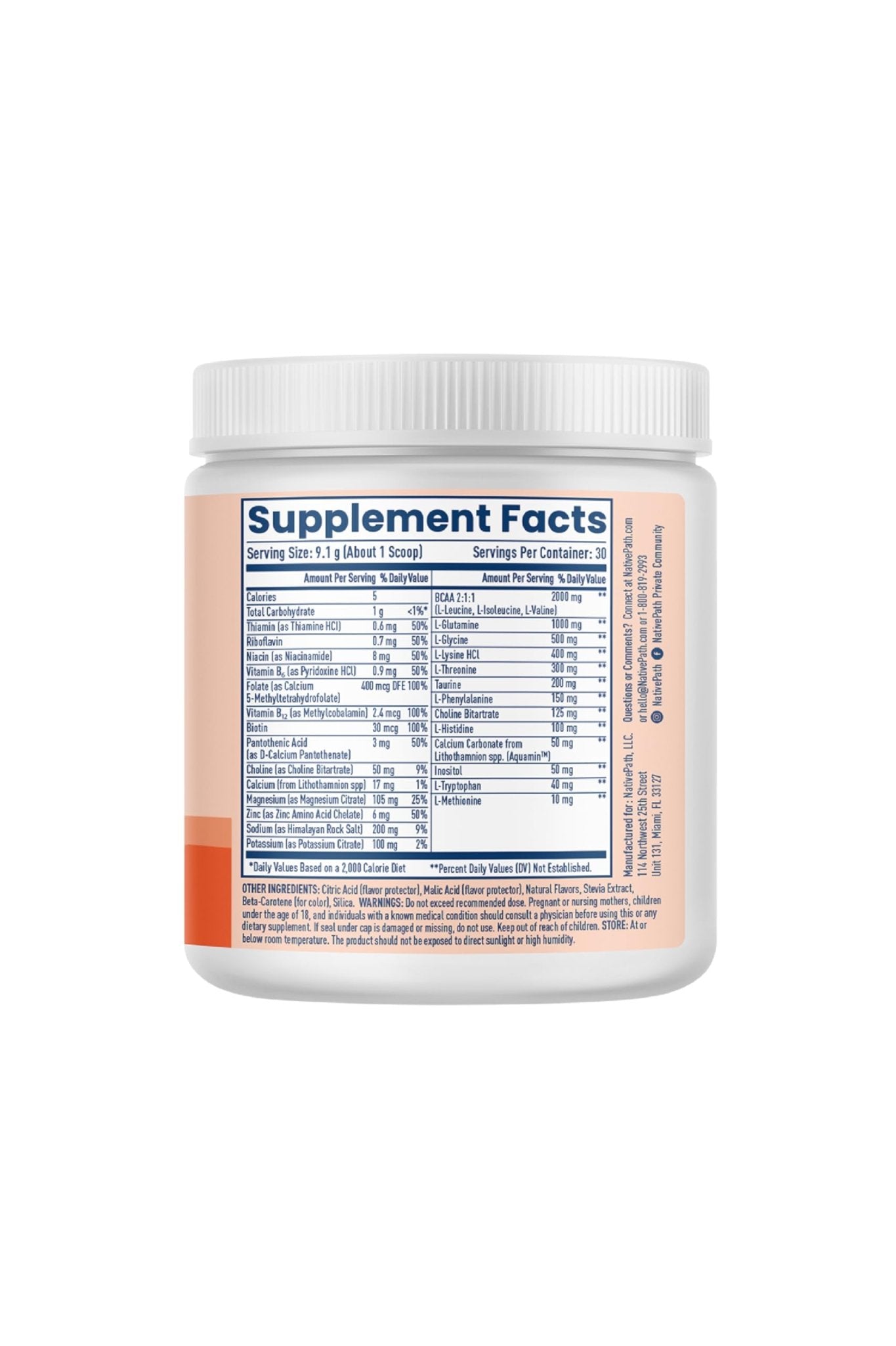 NativePath Hydrate, Zero Sugar, Electrolytes Powder with BCAAs, Peach Mango Hydration, Keto & Paleo Friendly, 30 Servings - Maple Wellness Supplements