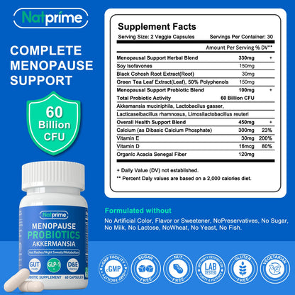 Natprime Menopause Supplements for Women - 60 Billion CFU Akkermansia Probiotic for Hormonal Balance, Night Sweats, Hot Flashes Relief, Gut Health, Mood Support & URO Viginal probiotic - 60 Ct 30 Day - Maple Wellness Supplements
