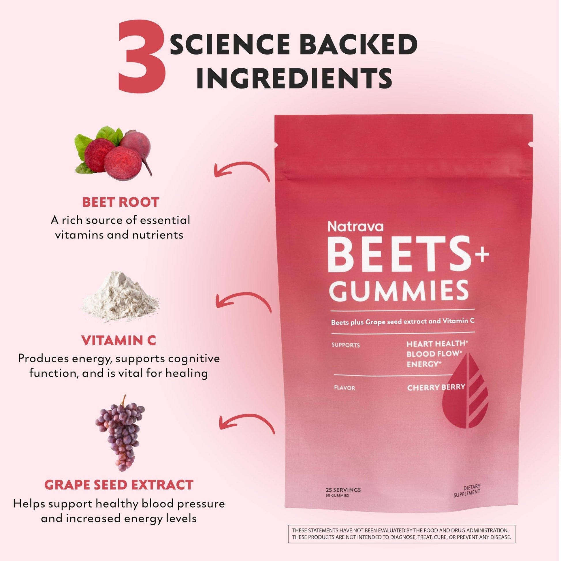Natrava Beets+ Gummies - Premium Beet Root Powder, Grape Seed Extract and Vitamin C - Supports Healthy Blood Pressure and Heart Health - Low Sugar Nitric Oxide and Circulation Supplement - 50 Gummies - Maple Wellness Supplements