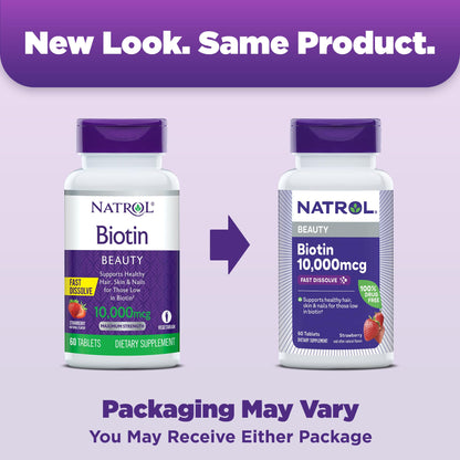 Natrol Biotin 10000mcg, 4X Faster Dissolve Supplement for Healthy Hair, Skin and Nails for Those Low in Biotin, Plus Energy Metabolism Support - Maple Wellness Supplements