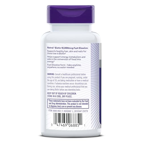 Natrol Biotin 10000mcg, 4X Faster Dissolve Supplement for Healthy Hair, Skin and Nails for Those Low in Biotin, Plus Energy Metabolism Support - Maple Wellness Supplements