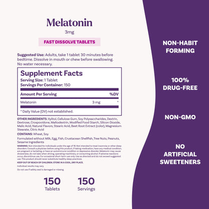 Natrol Fast Dissolve Melatonin 3 mg, Melatonin Supplements for Restful Sleep, Sleep Support for Adults, 150 Strawberry-Flavored Tablets - Maple Wellness Supplements