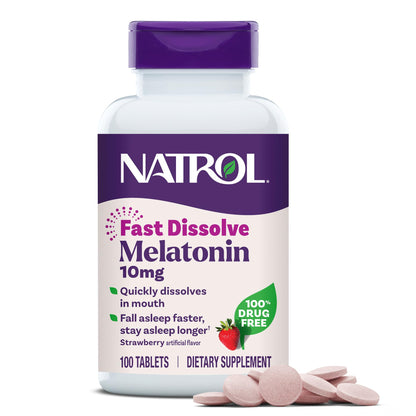 Natrol Melatonin 10mg Fast Dissolve Tablets - Strawberry Flavor, 100 Count, Sleep Support, Fast Dissolve Melatonin for Adults, 100-Day Supply - Maple Wellness Supplements
