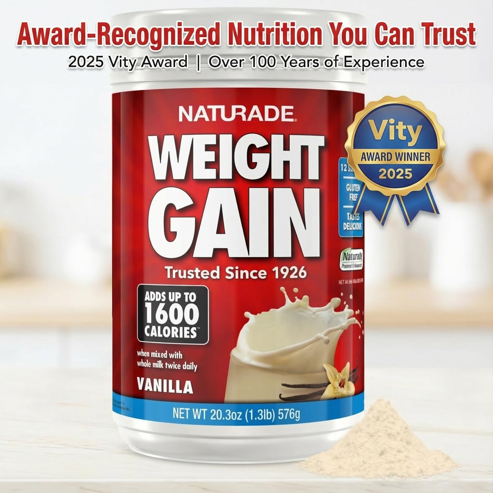 Naturade Weight Gain Nutrition Drink Mix for Healthy Weight Support, Balanced Calories with Protein, Vitamins & Minerals, Vanilla - 20.3 oz - Maple Wellness Supplements