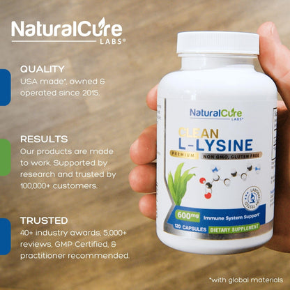 Natural Cure Labs Clean L-Lysine 600mg, 120 Capsules | Vegan, Non-GMO, & Gluten Free - Maple Wellness Supplements