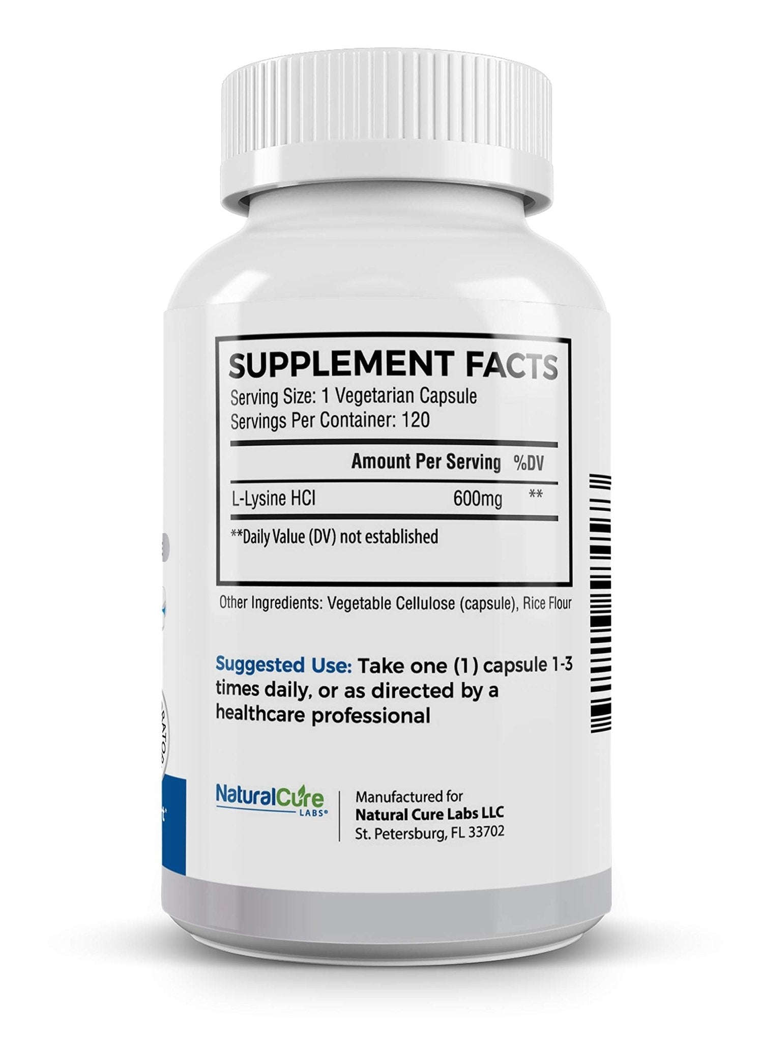 Natural Cure Labs Clean L-Lysine 600mg, 120 Capsules | Vegan, Non-GMO, & Gluten Free - Maple Wellness Supplements