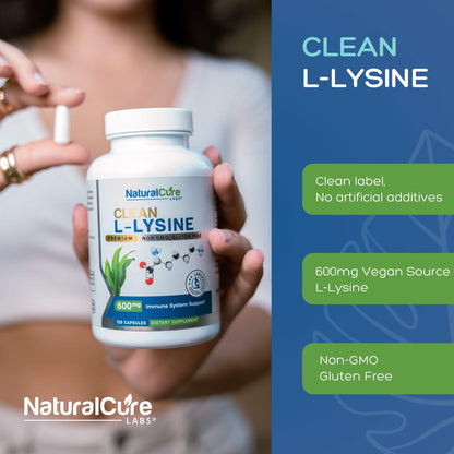 Natural Cure Labs Clean L-Lysine 600mg, 120 Capsules | Vegan, Non-GMO, & Gluten Free - Maple Wellness Supplements