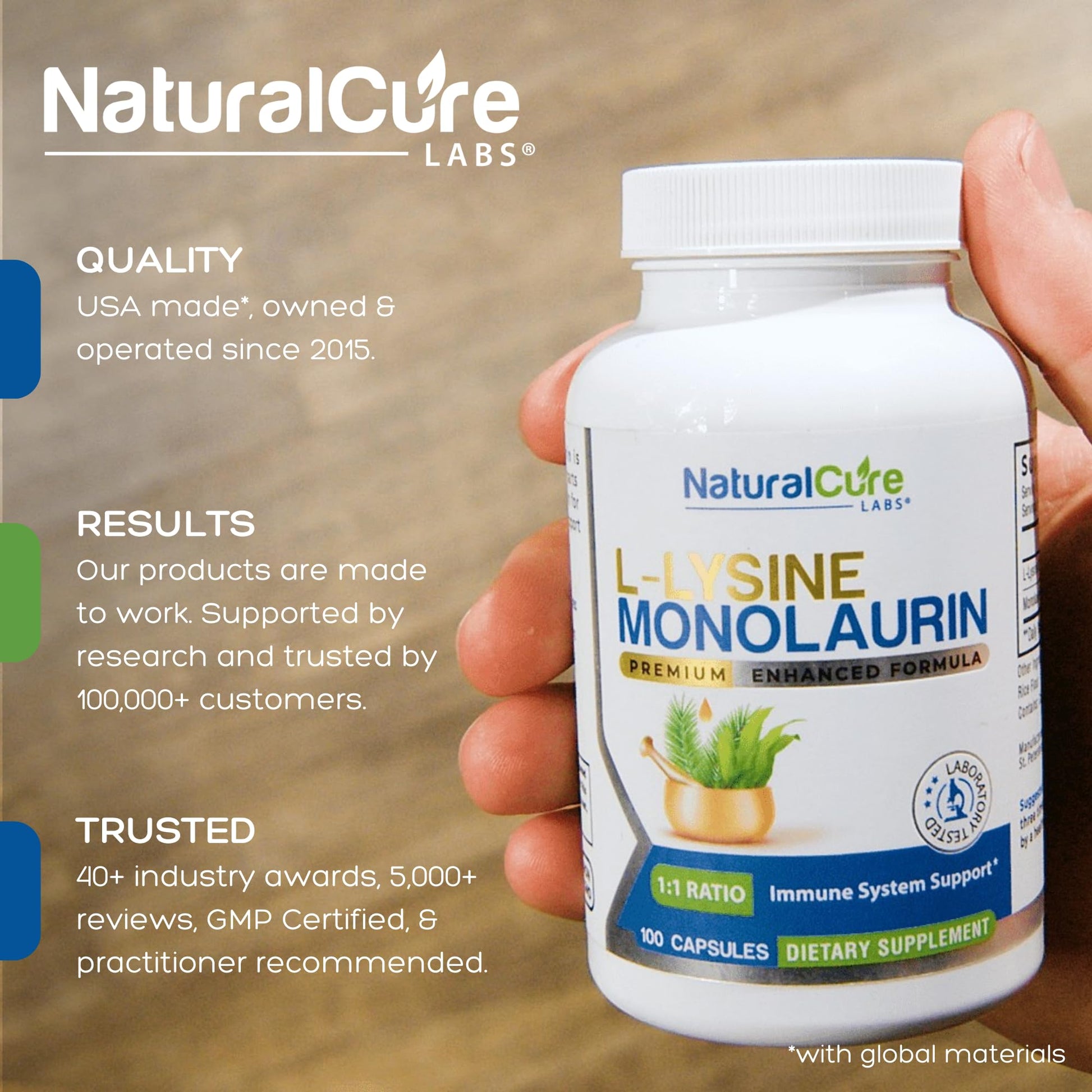 Natural Cure Labs L-Lysine with Monolaurin 600mg 1:1 Ratio, 100 Capsules - Maple Wellness Supplements