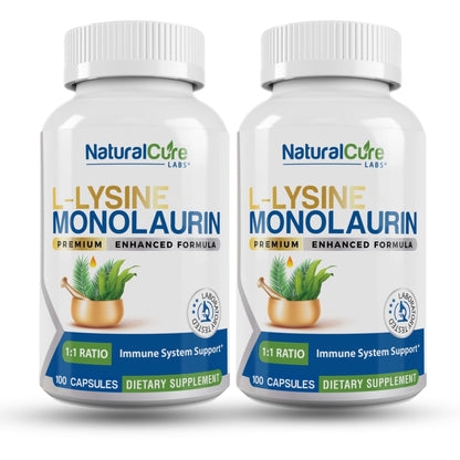 Natural Cure Labs L-Lysine with Monolaurin 600mg 1:1 Ratio, 2 Pack, 200 Capsules - Maple Wellness Supplements