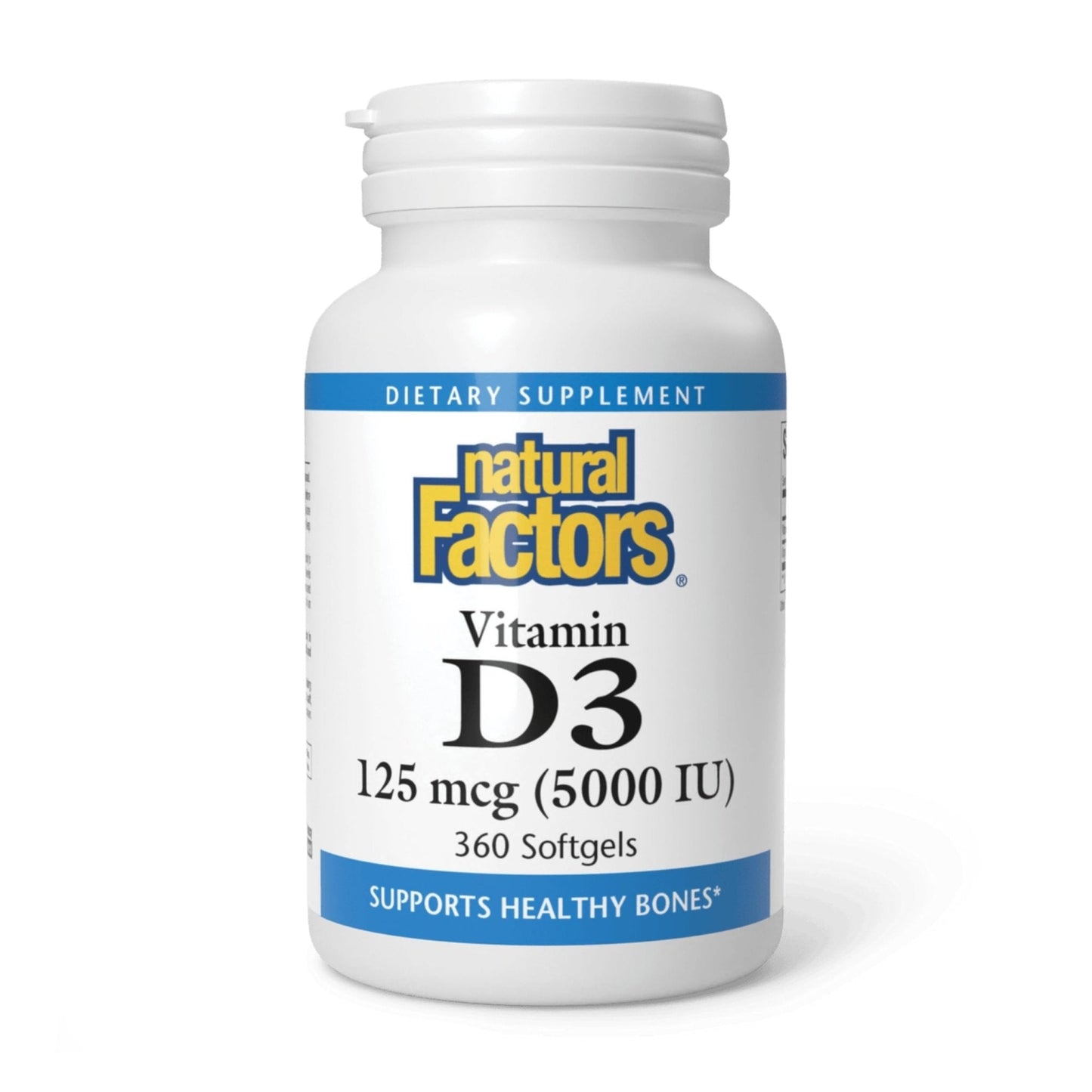 Natural Factors, Vitamin D3 5000 IU (125 mcg), Supports Strong Bones, Muscles and Immune Function, 360 Softgels - Maple Wellness Supplements