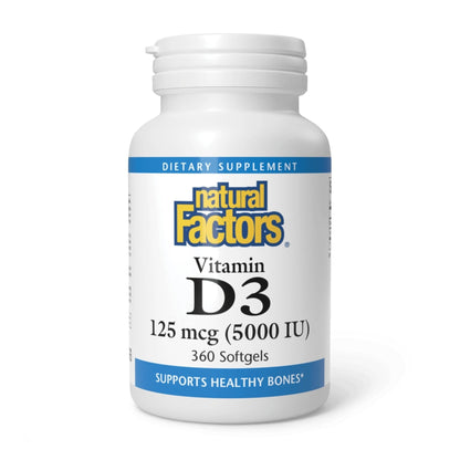 Natural Factors, Vitamin D3 5000 IU (125 mcg), Supports Strong Bones, Muscles and Immune Function, 360 Softgels - Maple Wellness Supplements