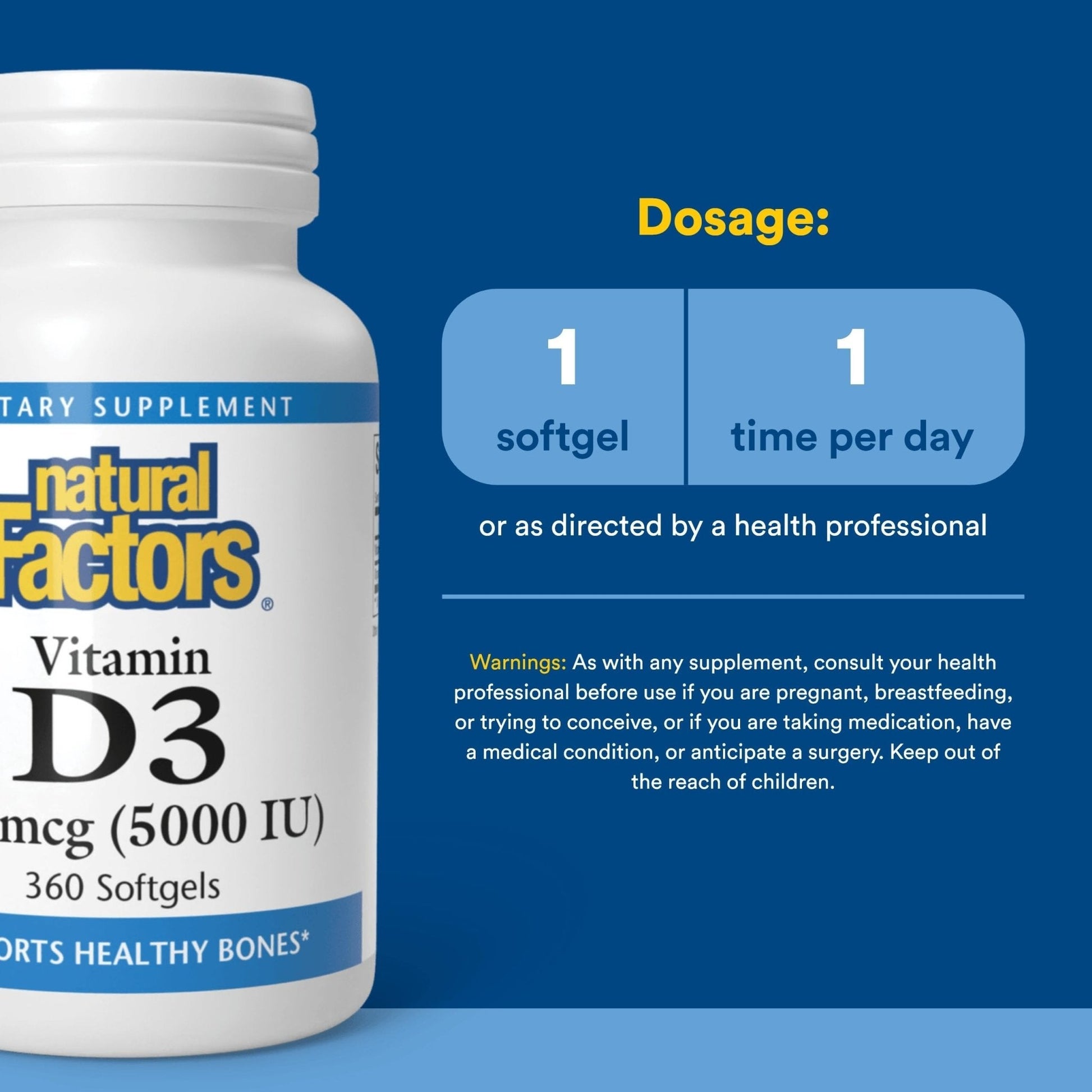 Natural Factors, Vitamin D3 5000 IU (125 mcg), Supports Strong Bones, Muscles and Immune Function, 360 Softgels - Maple Wellness Supplements