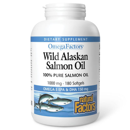 Natural Factors Wild Alaskan Salmon Oil Provides Omega-3, EPA, DHA & Vitamin D, Supports Brain & Heart Health, 180 Softgels - Maple Wellness Supplements