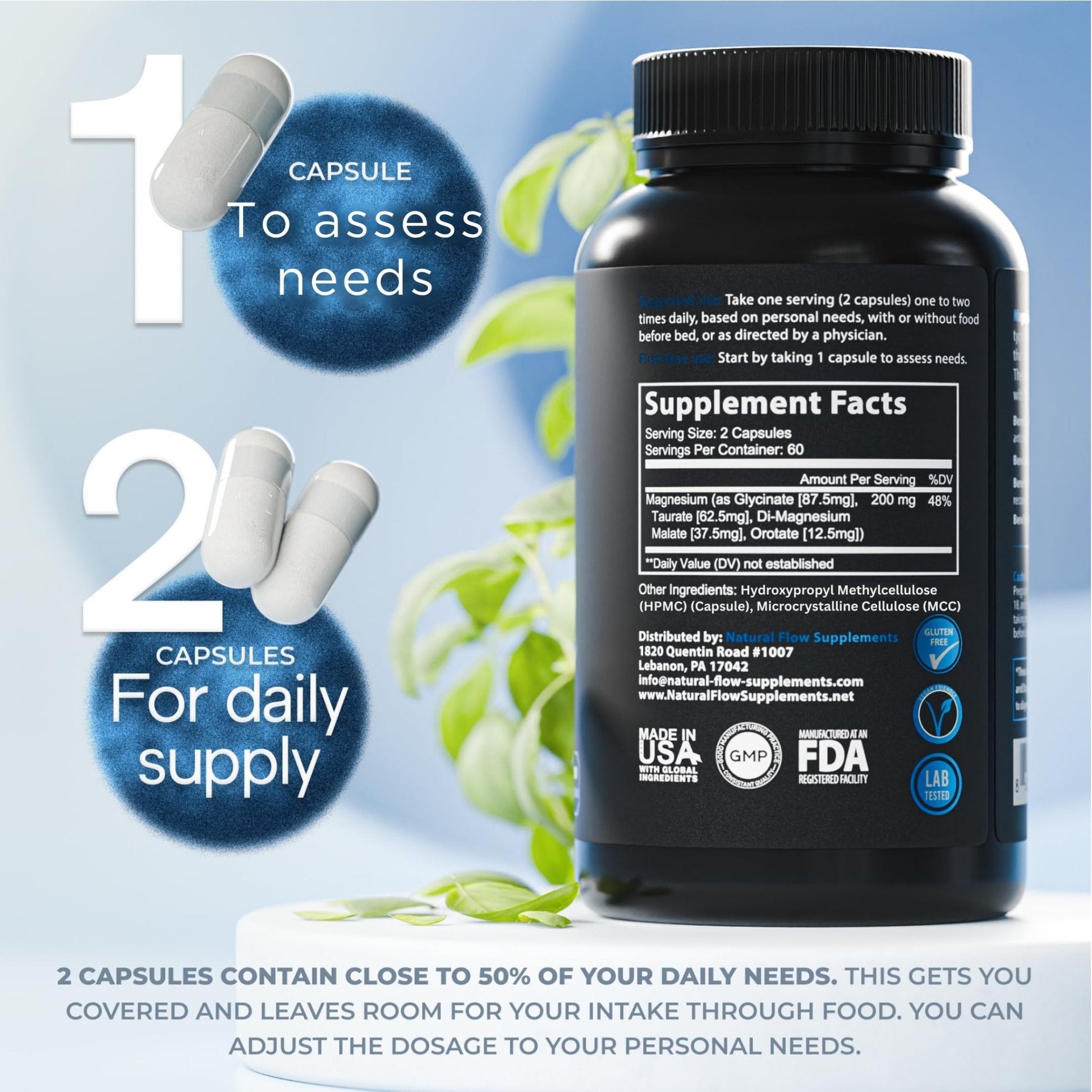 Natural Flow 4X Magnesium Supplement, Magnesium Glycinate, Taurate, Malate, Orotate Complex, Calm Sleep and Cramp Support Blend - Maple Wellness Supplements