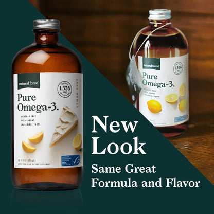 Natural Force Pure Omega 3 - Liquid Fish Oil - Delicious Lemon Cake Flavor - Mercury Free, Wild Caught, Lab Tested - 1,326 mg Triglyceride EPA, DHA, & DPA - 16 Oz Glass Bottle - Maple Wellness Supplements