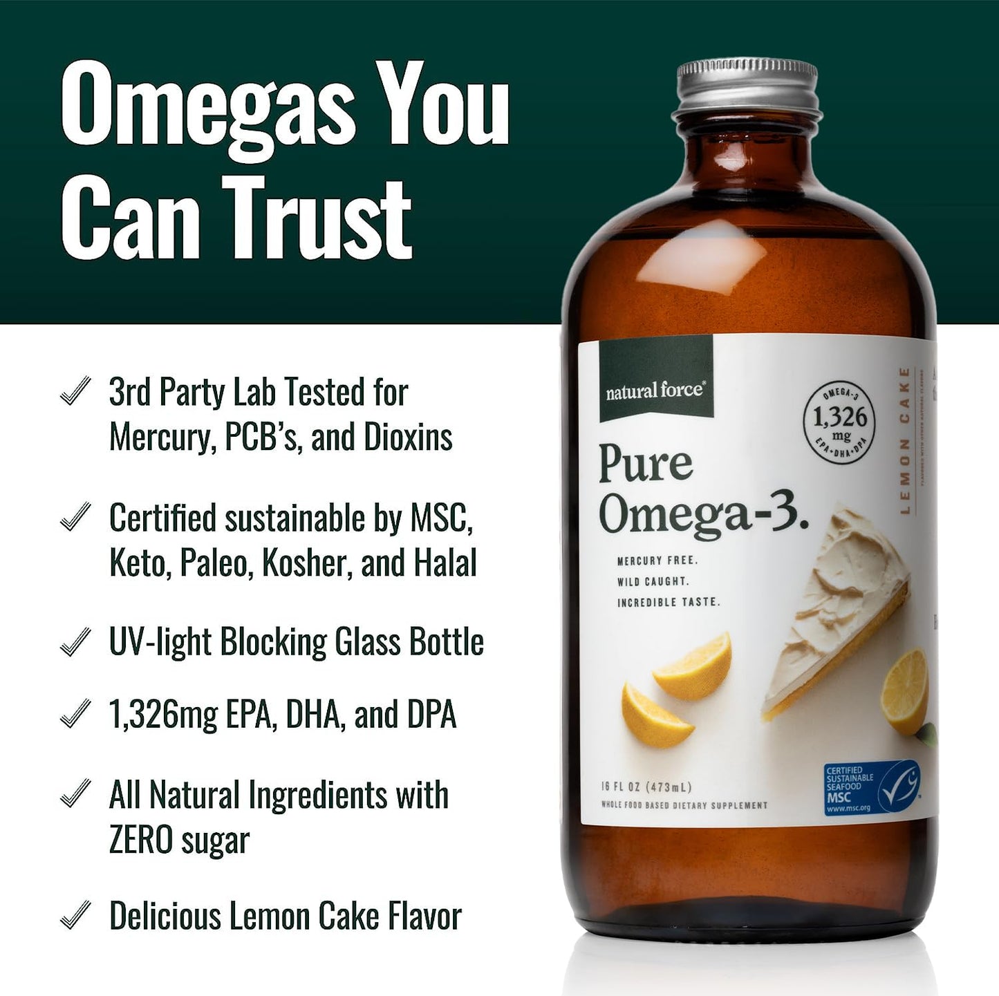 Natural Force Pure Omega 3 - Liquid Fish Oil - Delicious Lemon Cake Flavor - Mercury Free, Wild Caught, Lab Tested - 1,326 mg Triglyceride EPA, DHA, & DPA - 16 Oz Glass Bottle - Maple Wellness Supplements