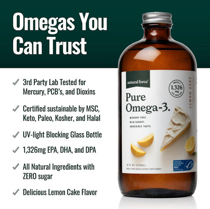 Natural Force Pure Omega 3 - Liquid Fish Oil - Delicious Lemon Cake Flavor - Mercury Free, Wild Caught, Lab Tested - 1,326 mg Triglyceride EPA, DHA, & DPA - 16 Oz Glass Bottle - Maple Wellness Supplements